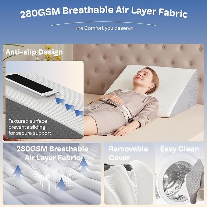 Wedge Pillow, Wedge Pillow for Acid Reflux, Back Pain Relief, Cooling Memory Foam Top, Bed Wedge Pillows for Headboard, Sleeping, Snoring, Back Support, After Surgery.