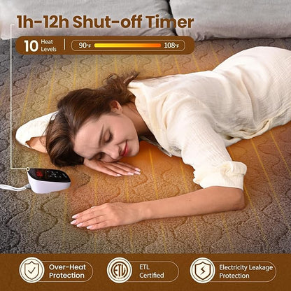 Bearhug Electric Heated Mattress Pads Full Size 54”×75” Sherpa Bed Warmer with 21” Deep Pocket 10 Heat Settings 12-Hour Timer Machine Washable Gray