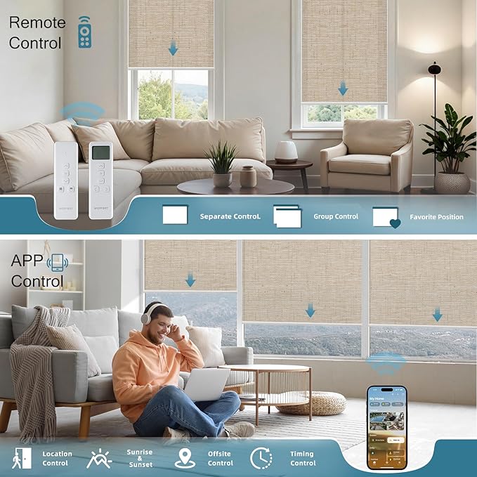 Motorized Light Filtering Shades Work with Homekit Thread-Enabled, 70% Blackout Smart Blinds for Windows, Electric Blinds with Remote, APP/Voice Control, Linen Caramel