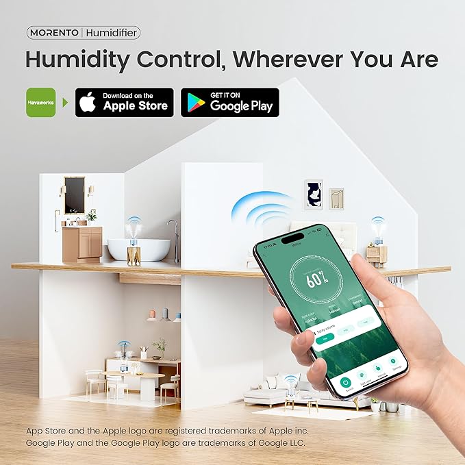 Smart Humidifiers for Bedroom Large Room Home, 6L Cool Mist Top Fill Humidifier with Essential Oil Diffuser, Smart App & Voice Control, for Nursery & Plants, White, 1 Pack + 7 Color NightLight