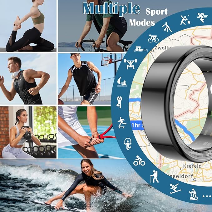 Smart Health Ring for Women Men,Fitness Tracker Smart Ring with Heart Rate,Sleep Monitor,Blood Oxygen,Steps,IP68 Waterproof Up to 5-7 Days Battery Life for iOS Android,No App Fee(Black,11)