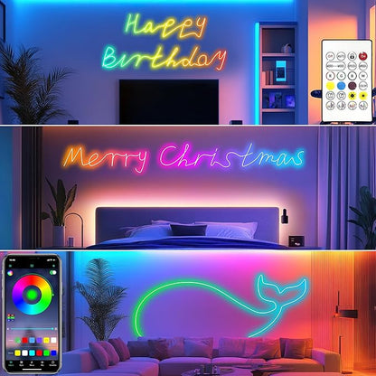 Cozylady 100Ft (50Ft * 2 Rolls) RGB LED Neon Rope Lights for Bedroom, 30m LED Strip Lamp with Double Sided Adhesive Tape, App/Remote Control DIY Lights Decorate The Outdoor and Indoor of Your Home