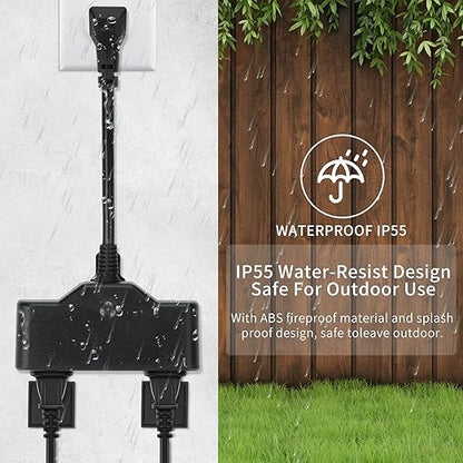 15A Outdoor Smart Plug, Heavy Duty Smart Home Wi-Fi Outlet Timer, Outlet with 2 Sockets, Wireless Remote Control, Compatible with Alexa & Google for String Light and Motors, 2.4 GHZ, Black