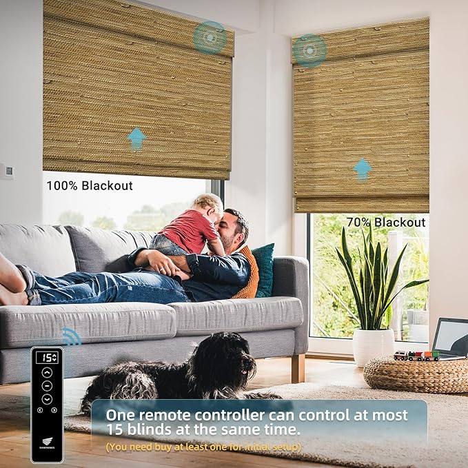 SmartWings Motorized Natural Woven Wood Shades for Windows, Electric Roman Shades with Remote for Bedroom Living Room, Work with Matter Zigbee Alexa Z-Wave Google Home, Customized, Jute 077