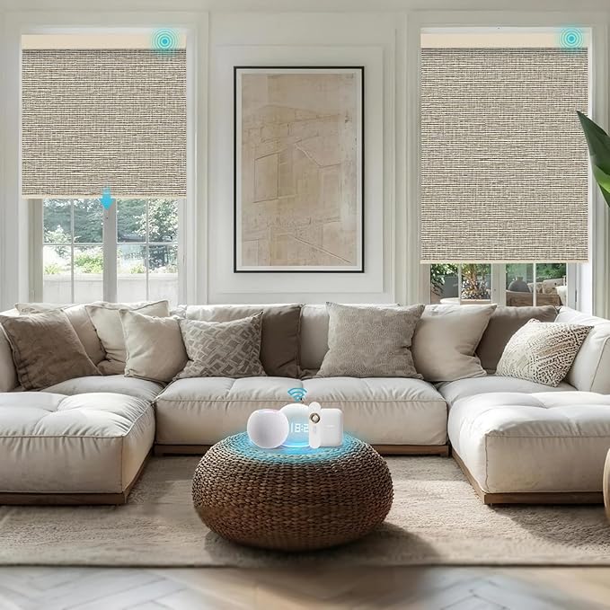 Motorized Blinds with Remote, 100% Blackout Smart Blind Roller Shades Compatible with Alexa Homekit, Automatic Electric Shades for Windows Customized Size（Elegant-Cream）