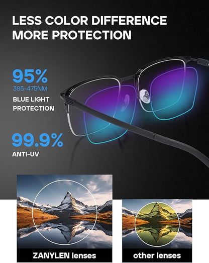 Blue Light Blocking Glasses Men Computer Gaming Glasses Rectangle Metal Semi-rimless Black Frame Anti Glare/UV400 Clear Lens
