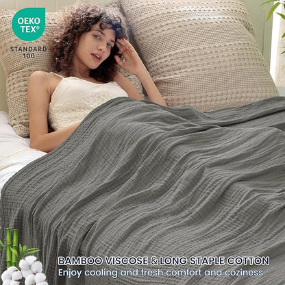 PHF Cooling Muslin Twin Blanket for Hot Sleepers, 60% Rayon Derived from Bamboo, 40% Cotton for Summer, 4-Layer Breathable Gauze Blanket for Bed Couch, 66"x90", Grey