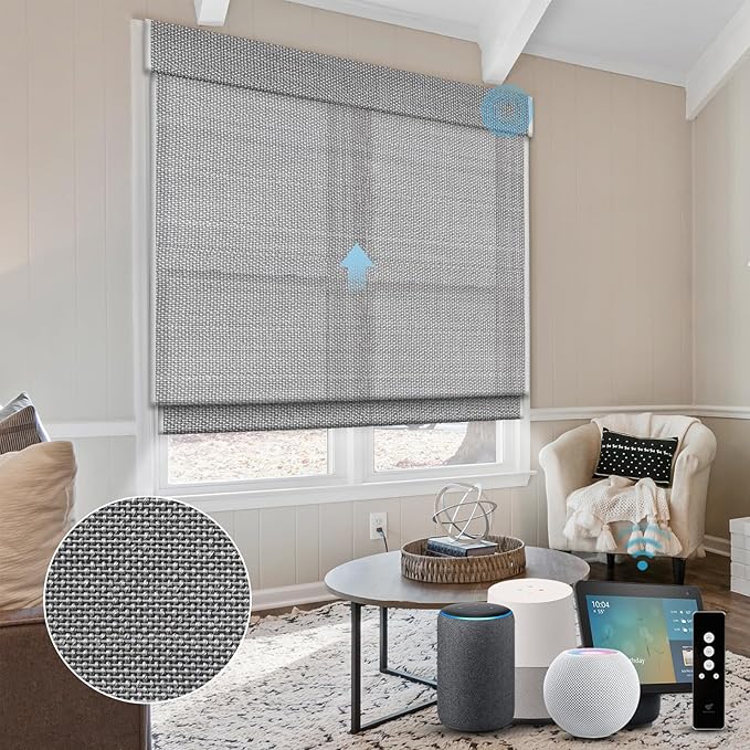 SmartWings Motorized Natural Woven Wood Shades for Windows, Electric Roman Shades with Remote for Sliding Doors, Work with Matter Homekit Zigbee Alexa Z-Wave Google Home, Customized, Bamboo 722