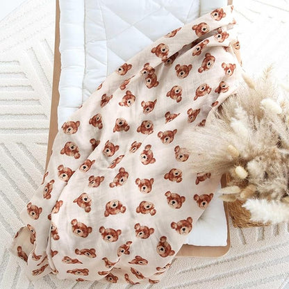 LifeTree Muslin Baby Swaddle Blankets, Boys Girls Muslin Swaddling Wrap Receiving Blanket for Newborn, 70% Viscose from Bamboo and 30% Cotton, Large 47" x 47", Bear Head Pattern