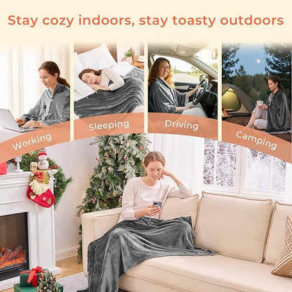 JOLLYVOGUE USB Heated Blanket Throw, Wearable & Portable Heating Electric Blanket for Adults, 3 Levels & 8 Heating Zone Shawl for Indoor & Outdoor, Light Grey (Battery Not Included)