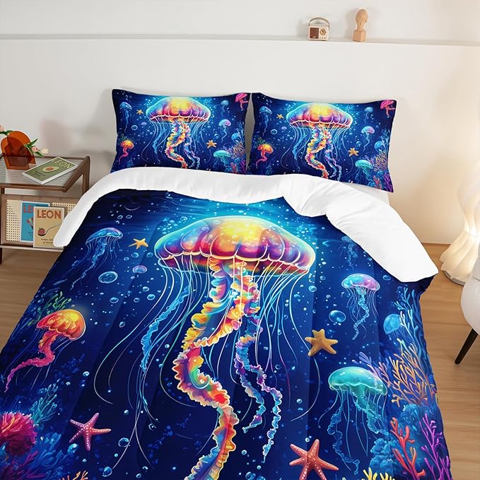 Fantasy Jellyfish Comforter Twin Bedding Sets for Girls Kids Toddlers,Coral Starfish Ocean Theme Bedroom Decor,Blue Underwater World Bedding Sets with 2 Pillowcases.