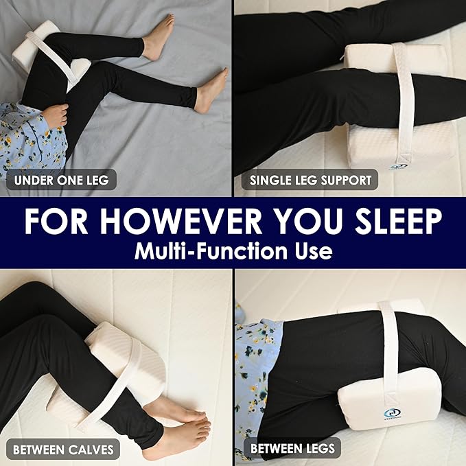 Ergonomic Knee Pillow for Side Sleepers – Cooling Leg Pillow for Side Sleeping – Sciatica Pain Relief Pillow with Strap for Hip and Back Pain – Under Knee Pillow for Sleeping on Back
