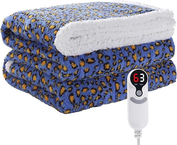 Electric Heated Blanket Full Size 72"×84" with 9 Heating Levels & 1-10Hs Auto Off, Plush Sherpa, Energy Efficient, Machine Washable, for Couch & Bed, Leopard Print Blue & Yellow
