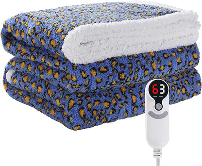 Electric Heated Blanket Full Size 72"×84" with 9 Heating Levels & 1-10Hs Auto Off, Plush Sherpa, Energy Efficient, Machine Washable, for Couch & Bed, Leopard Print Blue & Yellow