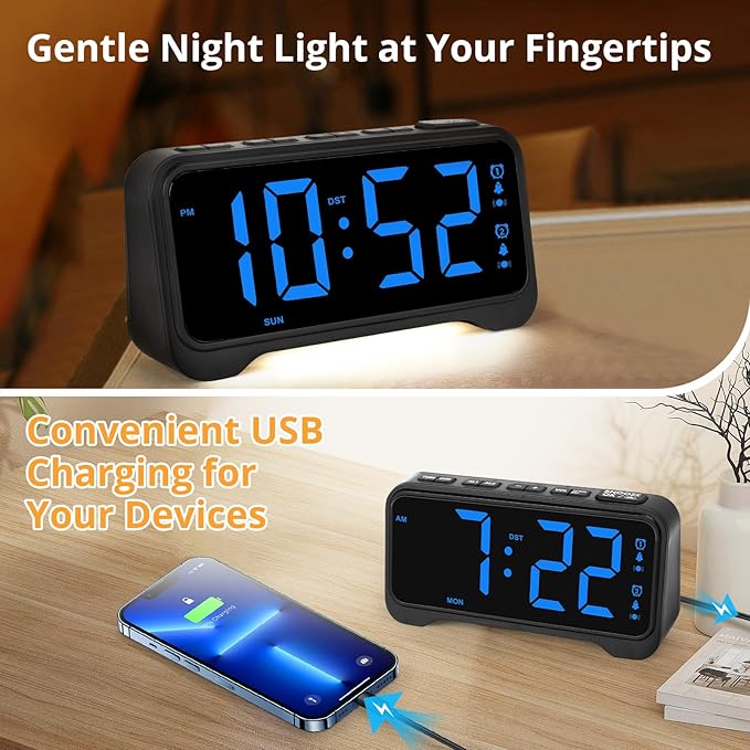 Loud Alarm Clock for Heavy Sleepers Adults, Vibrating Alarm Clock for Teens/Deaf, 7.5" Bright Clear Digital Screen, Adjustable Brightness with Night Light, 3 Levels Bed Shaker Under Pillow, Dual Alarm