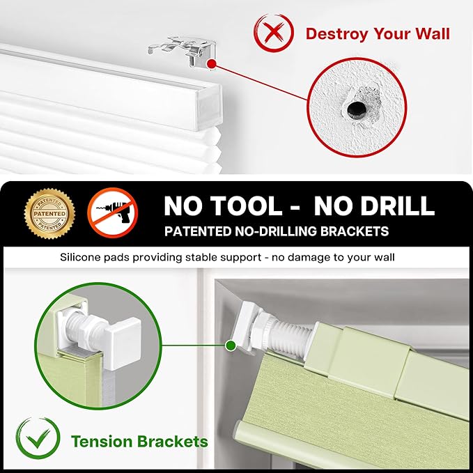 LazBlinds Cordless Cellular Shades, No Tools No Drill Blackout Honeycomb Shades Pleated Blinds for Windows, 34" W x 64" H, Green