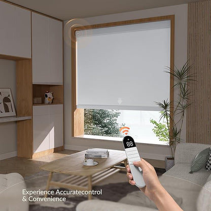 Boolegon Motorized Roller Blinds with Remote Control,Light Filtering Linen Fabric-Matched Automatic Roller Shades for Windows,Rechargeable Electric Window Shades for Home,Office,White,Custom Now