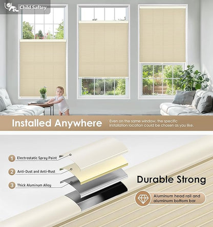 LazBlinds No Tools No Drill Cordless Cellular Shades, Light Filtering Honeycomb Shades for Home, Thermal Insulation Blinds for Windows, 34" W x 64" H, Beige
