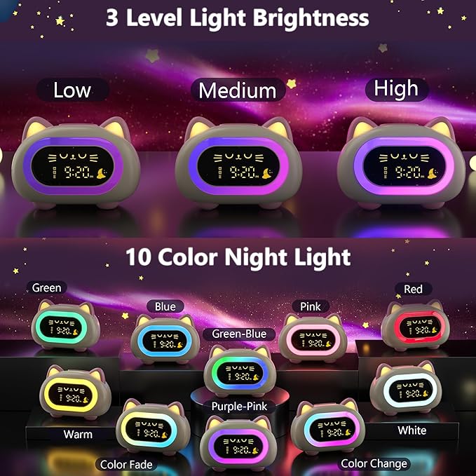 Alarm Clock for Kids, Kids Alarm Clocks for Girls with Sleep Training Dual Alarm Eye Protection Auto Off Timer 10 Color Night Light, Cat Ok to Wake Clock, Gifts for Kids Girls