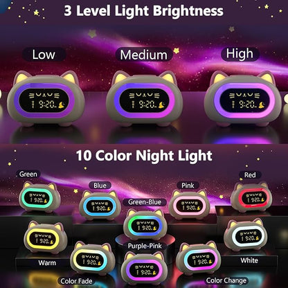 Alarm Clock for Kids, Kids Alarm Clocks for Girls with Sleep Training Dual Alarm Eye Protection Auto Off Timer 10 Color Night Light, Cat Ok to Wake Clock, Gifts for Kids Girls