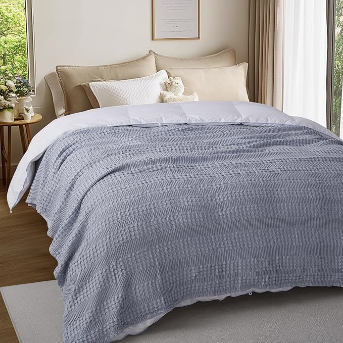 Cooling Cotton Waffle Weave Throw Blanket - Lightweight Breathable Blanket of 50% Rayon Derived from Bamboo for Hot Sleepers, Summer Throws for Couch Bed Sofa, Light Blue, 50"x60"