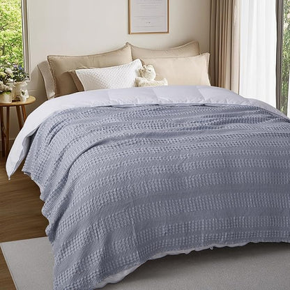 Cooling Cotton Waffle Weave Throw Blanket - Lightweight Breathable Blanket of 50% Rayon Derived from Bamboo for Hot Sleepers, Summer Throws for Couch Bed Sofa, Light Blue, 50"x60"