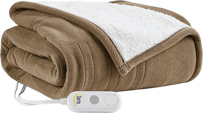 Serta Heated Throw Blanket - Reversible Fleece to Sherpa Electric Blanket, Fast Heating, Auto Shut Off Timer, Multi Heat Setting, ETL Certified, Machine Washable, Stone Brown 50"x 60"