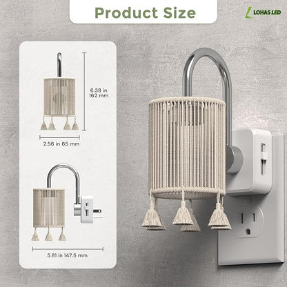 L LOHAS LED Night Lights Plug into Wall, Boho Fabric Cylinder Night Light with Tassel, 0-100LM Dimmable Night Lights, Dusk to Dawn Sensor, Vintage Nightlight for Bedroom, Living Room, Hallway