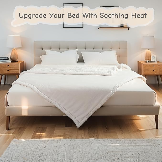 Electric Heated Blanket Queen Size 84"x90", Soft Flannel with Dual Controllers & Overheat Protection, 9 Adjustable Heat Settings & 10-Hour Auto-Off Timer, Fast Heating for Winter Comfort, White