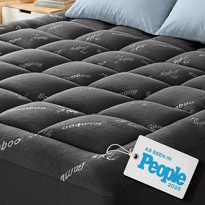 Ultra Soft King Size Mattress Topper - Viscose Made from Bamboo Pillow Top Mattress Pad for Back Pain Relief - Naturally Cooling for Hot Sleepers, Dark Gray