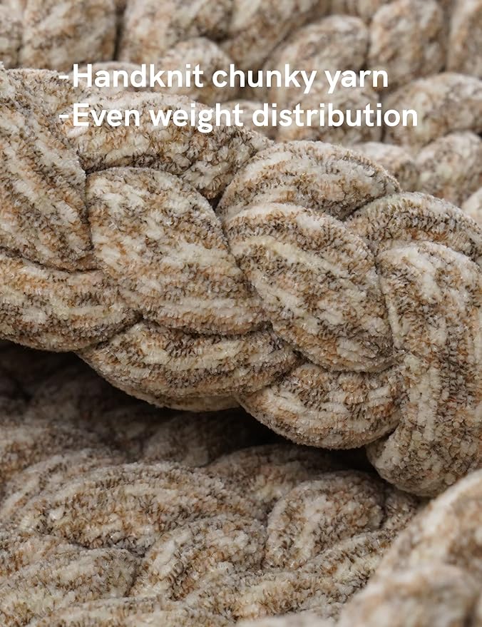 YnM Chenille Weighted Blanket, Handmade Chunky Knitted Design, Soft and Cozy, Temperature Regulating and Breathable, Machine Washable Throw for Sleep or Home Decor (Beige, 60x80 Inch, 15lbs)