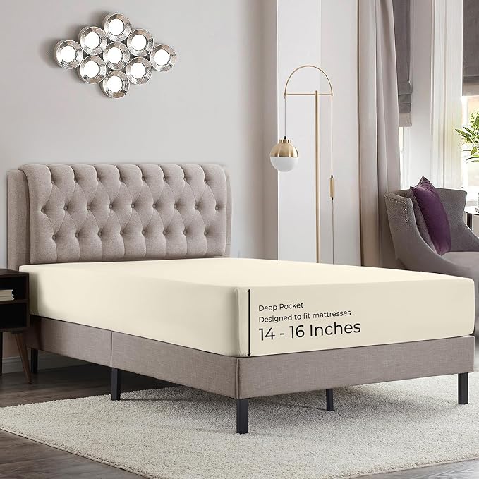 Empyrean 2 Pack Full Fitted Sheets - Deep Pocket, Fits 14-16 Inch Mattress, Ultra Soft Microfiber, Wrinkle-Resistant, Shrinkproof & Fade Resistant Sheets for Full Size Beds, Beige Cream