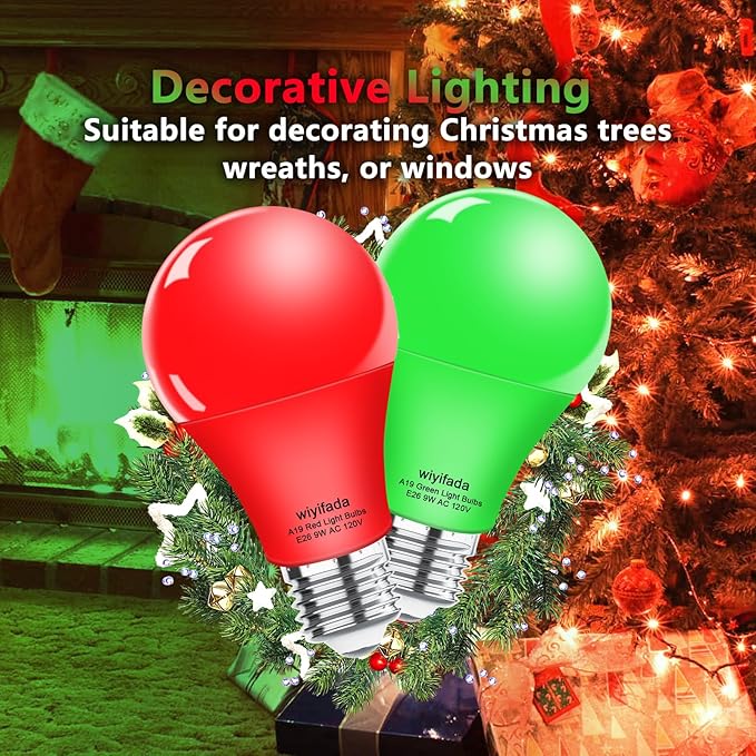 2 Pack A19 LED Red Green Light Bulbs,9W Christmas Light Bulbs Replace to 100W, 120V E26 Dimmable Colored Light Bulb for Halloween， Home Lighting, Party Decoration, Holiday Lighting