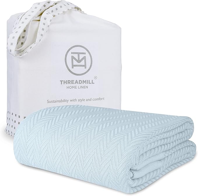 Threadmill Luxury Cotton Blankets for Queen Size Bed | All-Season 100% Cotton Queen Size Blanket | Herringbone Cozy, Soft Breathable Fall Thermal Blanket fits Full Size Bed | Light Blue