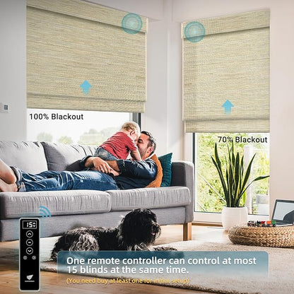 SmartWings Motorized Natural Woven Wood Shades for Windows Work with Matter Homekit Z-Wave Alexa Google, 50%/70%/100% Blackout Electric Auto Roman Shades Cordless Remote Control Customized, Linen 004