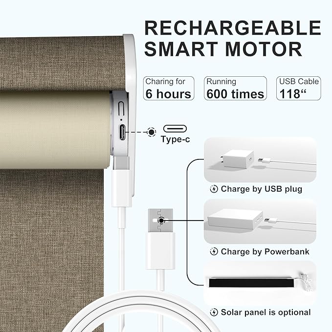 BERISSA Motorized Blinds with Remote,Blackout Smart Roller Shades with App,Voice Control,Linen Fabric,Thermal Insulated Automatic Blinds,Electric Shades with USB/Solar Pannel.Linen Brown
