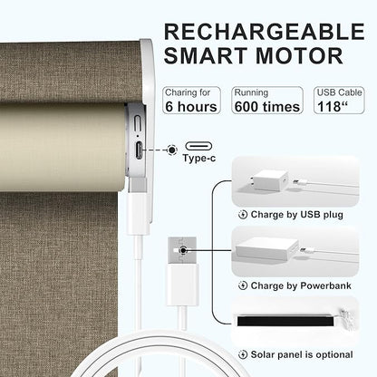 BERISSA Motorized Blinds with Remote,Blackout Smart Roller Shades with App,Voice Control,Linen Fabric,Thermal Insulated Automatic Blinds,Electric Shades with USB/Solar Pannel.Linen Brown