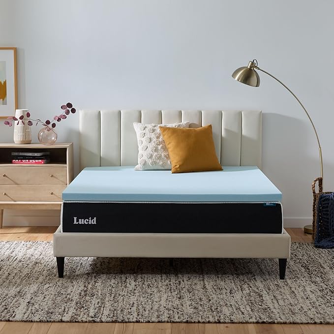 Lucid 2 Inch Memory Foam Mattress Topper, Twin Size – Cooling Gel Bed Topper – Pressure-Relieving Plush Feel – Ventilated Breathable Design – CertiPur Certified - Dorm Room Essentials