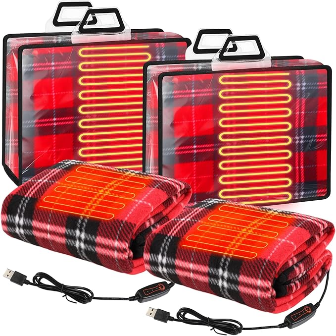 Tuanse 2 Pcs USB Heated Blanket 25"x35" Small Portable 5v 3 Setting Electric Blanket with Timer and Temperature Controller Winter Wearable Recharge Throw for Travel Home(Rose Red Plaid)