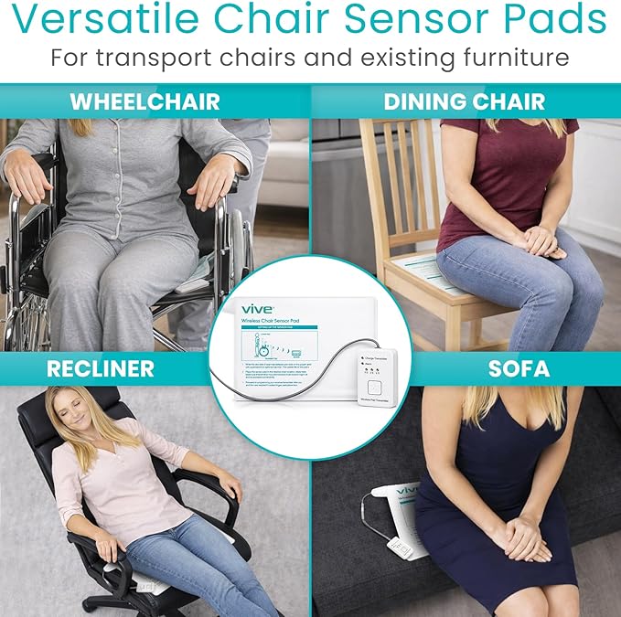 Vive Wireless Chair Alarm - Wheelchair Motion Sensor Kit for Elderly Dementia Patients - Weight Movement Pressure Pad Detector - Automatic Health Alert System for Mat Elderly