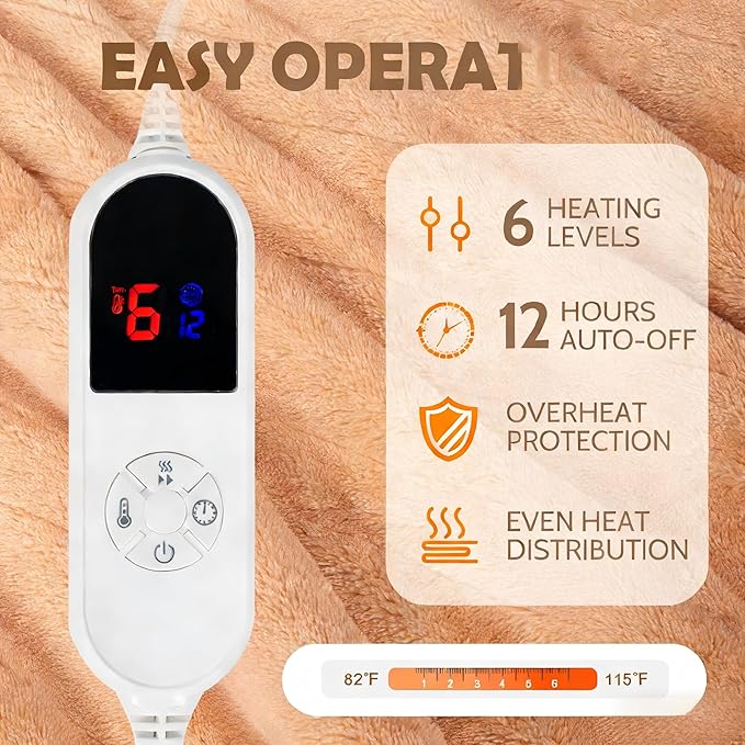 Wearable Heated Blanket, 40"x70" Eletric Throw with 6 Heating Levels and 12 Hours Timer, Heated Wrap Poncho Shawl & Hoodies with Pockets, Machine Washable with ETL Certification, Beige
