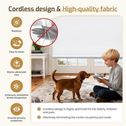 Grandekor No Drill Motorized Blinds with Remote 100% Blackout, Automatic Smart Roller Shade Cordless,White 34x72 Compatible with Alexa, Type-C Charging
