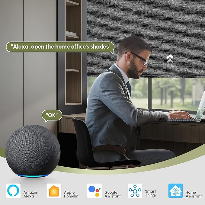 FineTell Motorized Blinds with Remote, 100% Blackout Roller Shades Work with Alexa,Apple Homekit,Google Home APP and Voice Control, Customized Electric Blinds (100% Blackout Eclipse Anchor Grey)