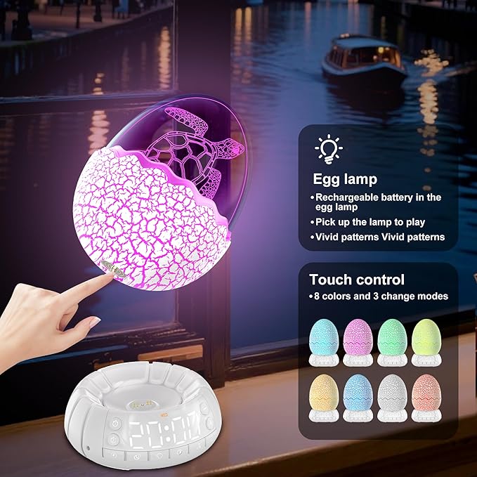 Turtle Smart Clock with Bluetooth Speaker & Mood Light 2 Alarm Settings + 20 White Noise Songs + 11 Color LED Egg Lamp Touch Control & Dimmable for Bedroom, Nursery, Home Office (Ocean)