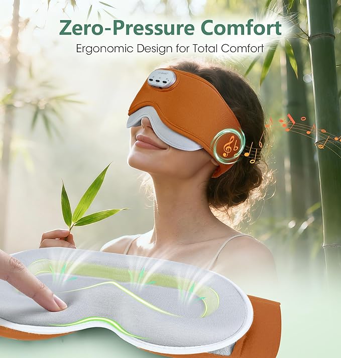 LC-dolida Voice Control Bluetooth Sleep Mask, Bamboo Cotton Bluetooth Sleep Headphones with 3D Zero-Pressure Cups and Timer Setting, Total Blackout Sleep Eye Mask for Side Sleepers, Orange