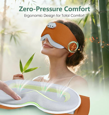 LC-dolida Voice Control Bluetooth Sleep Mask, Bamboo Cotton Bluetooth Sleep Headphones with 3D Zero-Pressure Cups and Timer Setting, Total Blackout Sleep Eye Mask for Side Sleepers, Orange