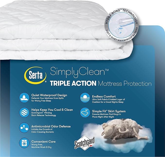 Serta Simply Clean Triple Action Mattress Pad, Waterproof Mattress Pad, Ultra Soft and Stain-Resistant Mattress Pad, Machine Washable, Queen, White