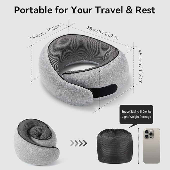 Travel Pillow, 100% Pure Memory Foam Neck Pillow for Airplanes, Comfortable Breathable Cover, Travel Essentials for Plane, Car, Train and Home, Light Green