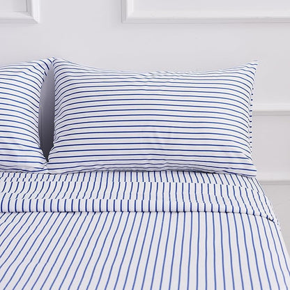 Full Blue Striped Bed Sheet Set 4 Piece with 16-Inch Deep Pockets- Super Soft & Wrinkle Free Stripe Bed Sheets - Hotel Luxury Blue White Striped Pinstripe Bedding for All Season