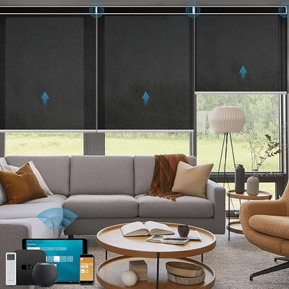 Motorized Light Filtering Roll Shades Work with HomeKit,1% Openness Smart Blinds for Windows, Electric Blinds with Remote, APP/Voice Control, Automatic Solar Shades,1% Openness Aventus Black